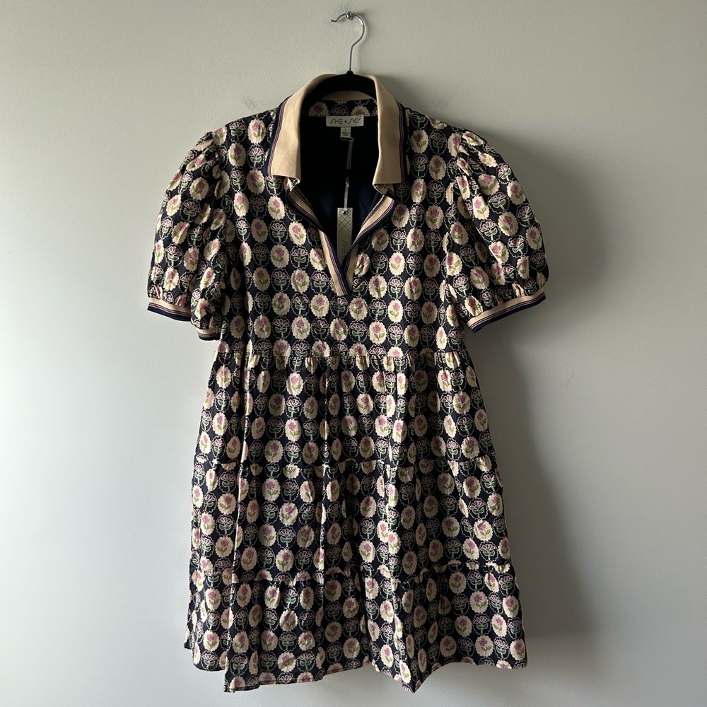 She + Sky tan and navy floral printed dress